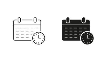 Time Management Line and Silhouette Icon. Schedule, Deadline Pictogram. Calendar with Clock Symbol. Editable Stroke. Isolated Illustration vector