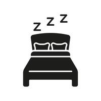 Double Bed With ZZZ Silhouette Icon. Cozy Bed With Pillows And Blanket Glyph Symbol. Restful Sleeping Place. Isolated Illustration vector