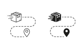 Order Route Sign. Shipment Distance, Pin on Map with Box Line and Silhouette Icon Set. Delivery Service Path Symbol. Editable Stroke. Isolated Illustration vector