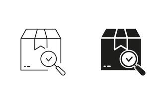 Check Parcel Pictogram. Carton Box with Magnifier and Checkmark Line and Silhouette Icon Set. Editable Stroke. Isolated Illustration vector