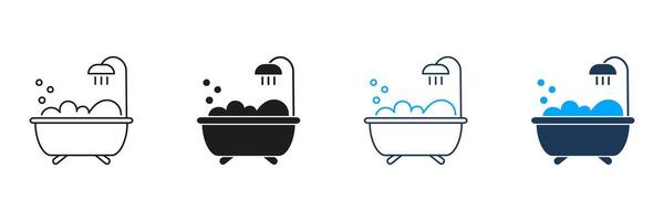 Bathtub with Showerhead and Bubbles Line and Silhouette Icon Set. Relaxing Bath Time with Foam Symbol. Editable Stroke. Isolated Illustration vector