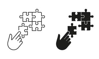 Puzzle Strategy Solution Line and Silhouette Icon Set. Jigsaw and Human Hand. Connect Parts of Puzzle. Editable Stroke. Isolated Illustration vector