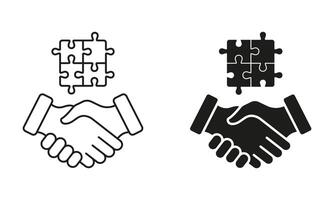 Handshake and Jigsaw Line and Silhouette Icon Set. Partnership, Relationship, Agreement Icon. Editable Stroke. Isolated Illustration vector