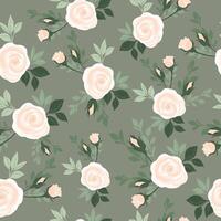 White roses on a green background, seamless pattern. Pattern with roses for fabric, packaging, wedding, invitation, cover. vector