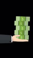 Hand Holds Dollar Bills On Vertical On Alpha Channel 2D Cartoon Animation video