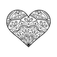 Ornate linear heart illustration with hand drawn pattern. Outline mandala ornaments on white. Valentine's Day coloring page vector