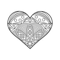 Linear heart with mandala ornament for adult coloring page. Isolated on white background heart shape outline illustration vector