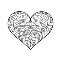 Linear hand drawn heart with mandala ornament for adult coloring page. Isolated on white background heart shape outline illustration vector