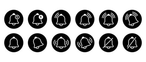 Bell outline icon set collection on black circle. Notification, alarm reminder sign symbol vector