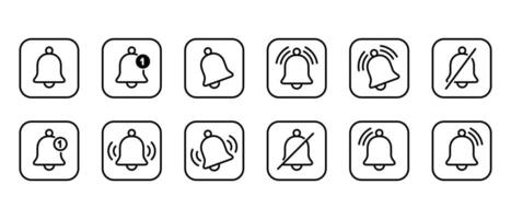 Bell outline icon set collection on square line. Notification alert, alarm sign symbol vector
