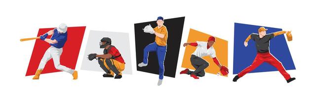 Set of male baseball player character with different poses. Isolated on white background. Flat illustration. vector