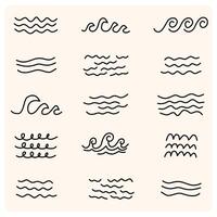 Sea hand drawn storm scribble icons set, simple wavy lines. Ocean water flow curve sketch vector