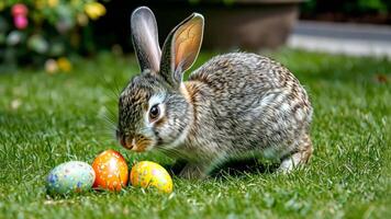 a rabbit eating some colorful eggs in the grass video