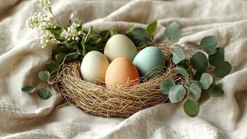four eggs in a nest with eucalyptus leaves video