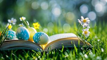 easter eggs on an open book in the grass video
