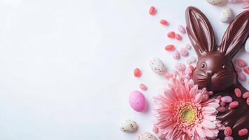 Chocolate Easter bunny, surrounded by small eggs and flowers on a white background. video