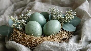 three green eggs in a nest with green leaves video