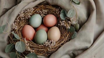 Easter eggs placed in a nest, surrounded by flowers, on a linen fabric. video