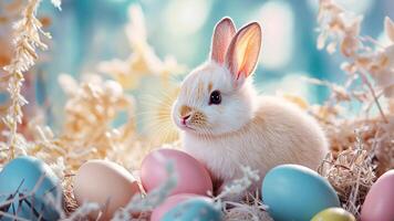 a small white rabbit is sitting in the grass surrounded by colorful eggs video