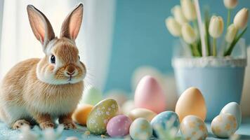 a rabbit is sitting next to colorful eggs video