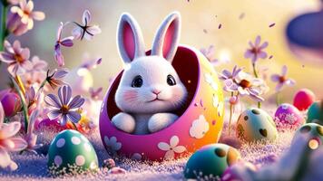 A bunny inside an open, colorful egg with flowers and eggs around it. video