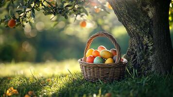 easter eggs in a basket under an apple tree video