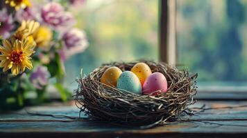 four easter eggs in a nest on a window sill video