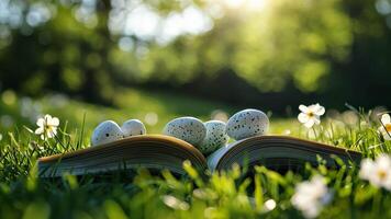 An open book with Easter eggs on the grass, flowers in the background. video
