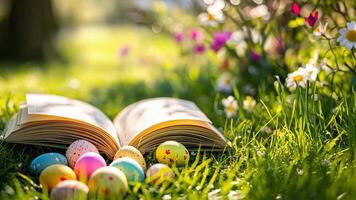 An open book with Easter eggs on the grass video