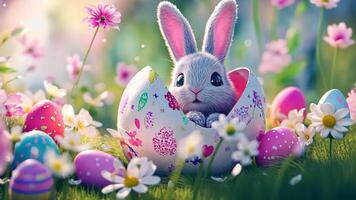 A cute Easter bunny inside an open, colorful egg with flowers and eggs video