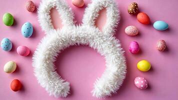 White fluffy bunny ears with colorful candies, top view. Easter concept. video