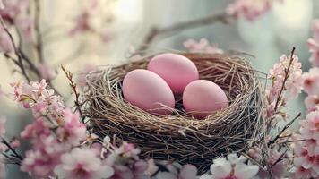 three pink eggs in a nest with flowers video