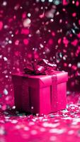 fuchsia gift box on red background with bright falling confetti. minimal style video