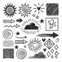 simple doodle creations of suns, arrows and other elements, hand drawn manually on a white background vector