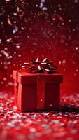 red gift box on red background with bright falling confetti. minimal style. video
