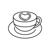 Cappuccino linear icon. Coffee with heart on foam. Hot drink in mug. Beverage in cup. Thin line customizable illustration. Contour symbol. isolated outline drawing. Editable stroke vector