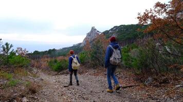 The couple walking on the mountain on a sunny background. slow motion. Returning home or to a campsite video