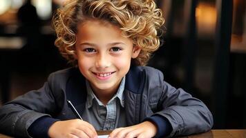 Smiling child writing and studying at home with a pen with copyspace. video