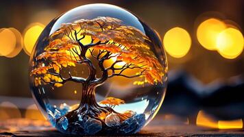 Glowing bonsai tree inside crystal ball with bokeh background video