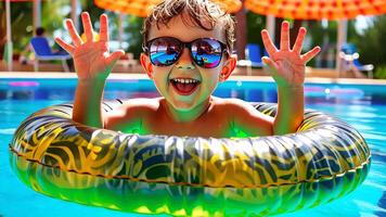 Happy child having fun with inflatable ring in swimming pool video