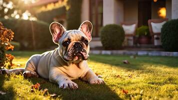 French bulldog relaxing on grass in front of house video