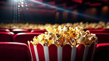 Popcorn bucket illuminating empty red movie theater seats video