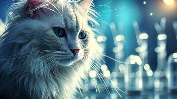 White cat posing with chess pieces in the background video