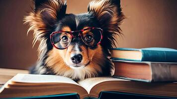 Intelligent dog reading a book while wearing glasses video