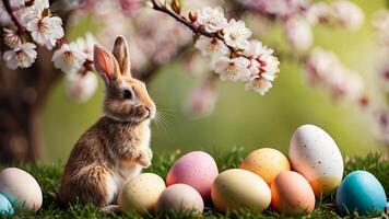 Easter celebration showcasing colorful eggs and a rabbit in a serene garden setting during springtime video