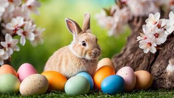 Easter celebration showcasing colorful eggs and a rabbit in a serene garden setting during springtime video