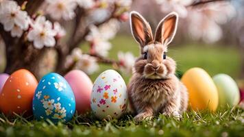 Easter celebration showcasing colorful eggs and a rabbit in a serene garden setting during springtime video