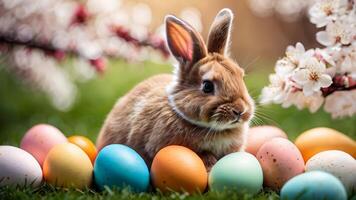 Easter celebration showcasing colorful eggs and a rabbit in a serene garden setting during springtime video