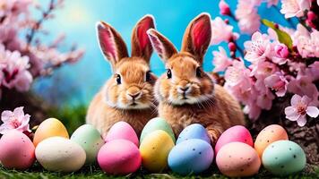 Celebrating Easter with adorable bunnies and colorful eggs in a beautiful garden setting video