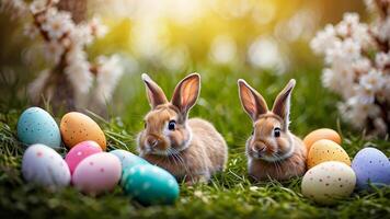 Celebrating Easter with adorable bunnies and colorful eggs in a beautiful garden setting video